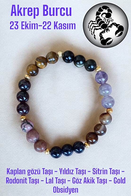 Akrep Burcu Bilekliği (Kaplan Gözü Taşı, Sitrin Taşı, Rodonit, Yıldız, Lal Taşı, Obsidyen, Akik Taş)