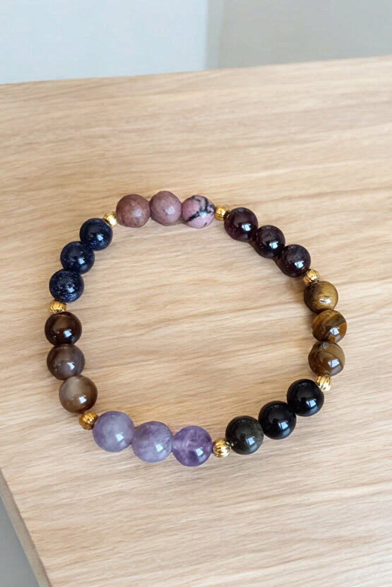 Akrep Burcu Bilekliği (Kaplan Gözü Taşı, Sitrin Taşı, Rodonit, Yıldız, Lal Taşı, Obsidyen, Akik Taş)