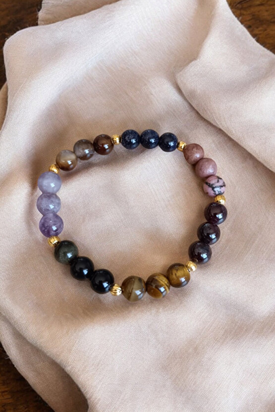 Akrep Burcu Bilekliği (Kaplan Gözü Taşı, Sitrin Taşı, Rodonit, Yıldız, Lal Taşı, Obsidyen, Akik Taş)