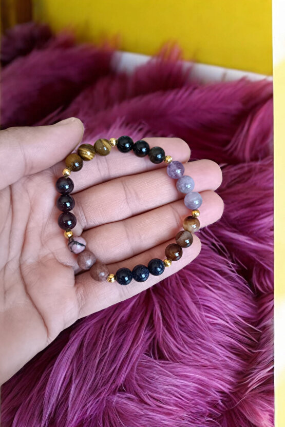 Akrep Burcu Bilekliği (Kaplan Gözü Taşı, Sitrin Taşı, Rodonit, Yıldız, Lal Taşı, Obsidyen, Akik Taş)