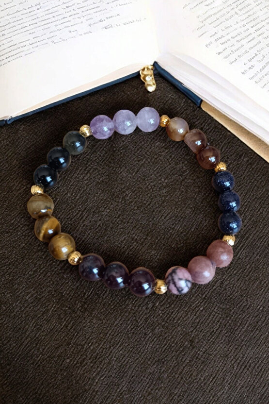 Akrep Burcu Bilekliği (Kaplan Gözü Taşı, Sitrin Taşı, Rodonit, Yıldız, Lal Taşı, Obsidyen, Akik Taş)