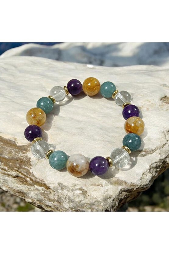 SİTRİN KRİSTAL KUVARS AKUAMARİN AMETİST ( CESARET POZİTİF ENERJİ KORUMA KALKANI ) BİLEKLİK