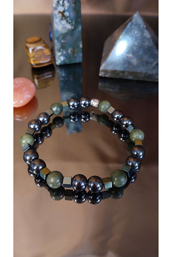 Erkek Doğal Taş Sertifikalı Bileklik. Hematit, Akik, Yeşim, Havlit, Lav Taşı, Deri Bileklik