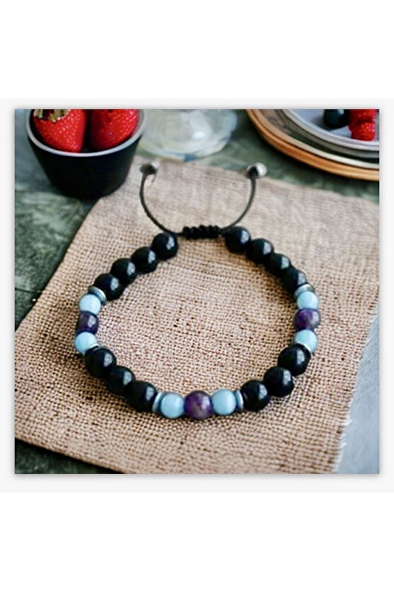 Gerçek Doğal Taş Şifa Bileklik - Cesaret Başarı Huzur Para Öğrenci (ametist,akuamarin,oniks Hematit)