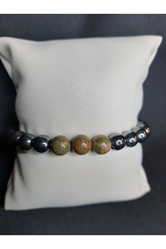 Hematit ve Unakit Taşları ile Tasarlanmış Tarz Bileklik Unisex