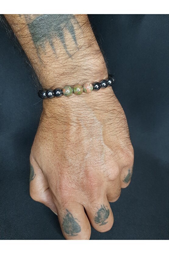 Hematit ve Unakit Taşları ile Tasarlanmış Tarz Bileklik Unisex
