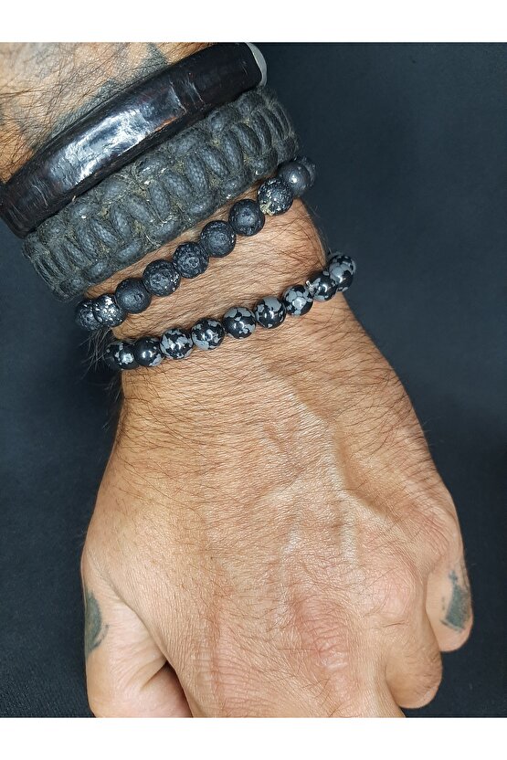 Siyah Gri Opsidyen Taşı Bileklik Unisex