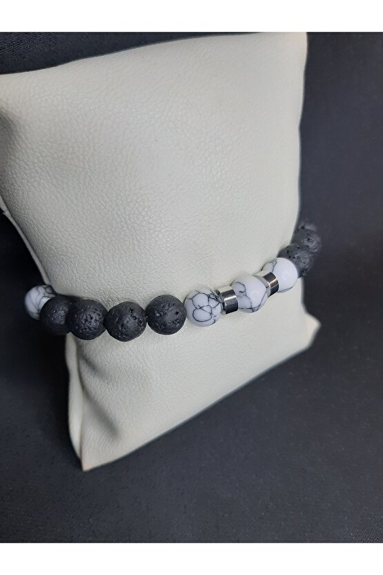 Siyah Lav Taşı ve Geanit Görünümlü Gri Taşlı Bileklik Tarz Tasarım