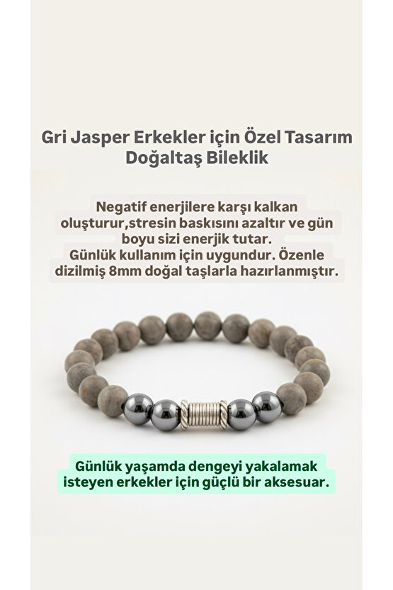 GNG SİLVER Erkek Gri Jasper Bileklik – Stres Azaltıcı & Dengeleyici 8mm