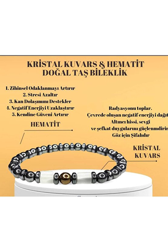 Kristal Kuvars ve Hematit Doğal Erkek Kadın Bijuteri Hediye Bileklik Aksesuar