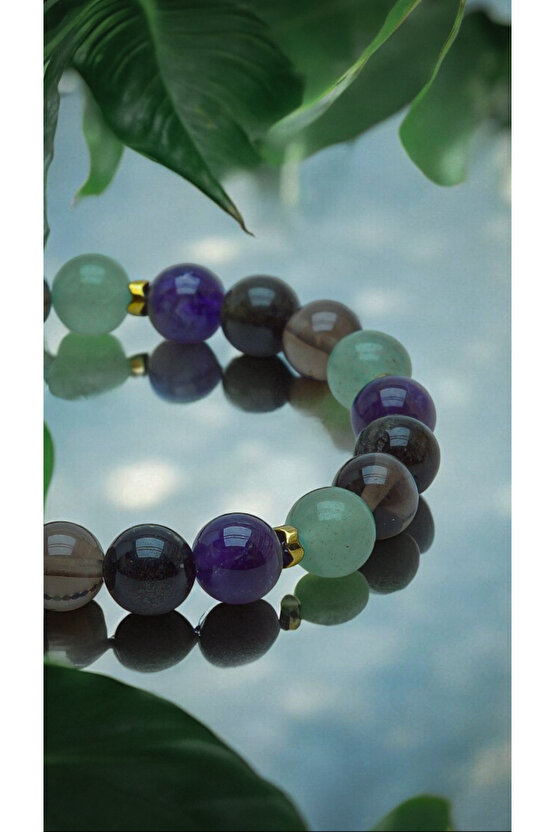 DOĞALTAŞ-PANİK ATAK ŞİFASI ( DUMANLI KUVARS OBSİDYEN YEŞİL AVENTURİN AMETİST) 8mm