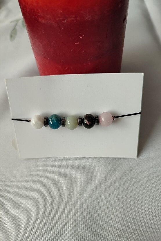 Sertifikalı Boğa Burcu Doğaltaş Bileklik (AY TAŞI.APATİT.AMAZONİT.RODONİT.PEMBE KUVARS. HEMATİT)