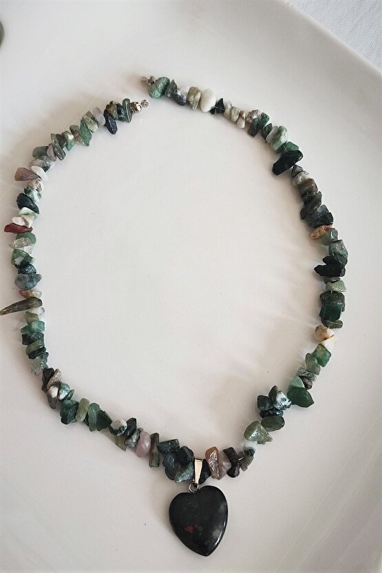 YEŞİL AKİK, KAN TAŞI KALP KIRIKTAŞ DOĞALTAŞ KOLYE