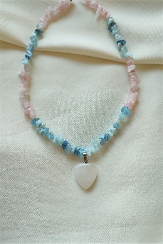 Sertifikalı Akuamarin, Pembe Kuvars Kalp Doğaltaş Kolye
