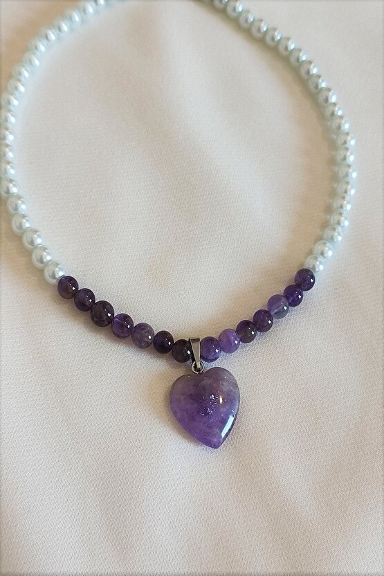 6 Mm Ametist, Cam Inci Doğaltaş Choker Kolye