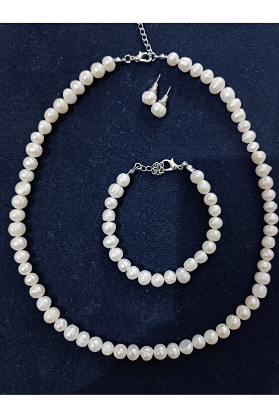 Gerçek İnci Kolye Küpe Bileklik Seti