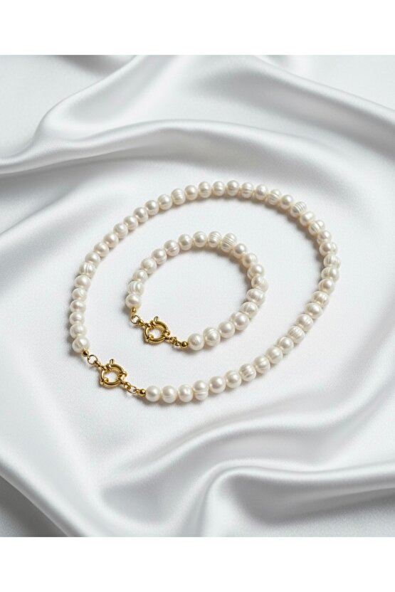 Çeyrek,Gram,Ata Altın Asma Aparatlı Gerçek İnci Kolye ve Bileklik Set