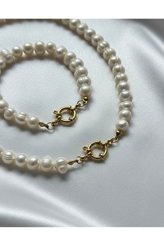 Çeyrek,Gram,Ata Altın Asma Aparatlı Gerçek İnci Kolye ve Bileklik Set