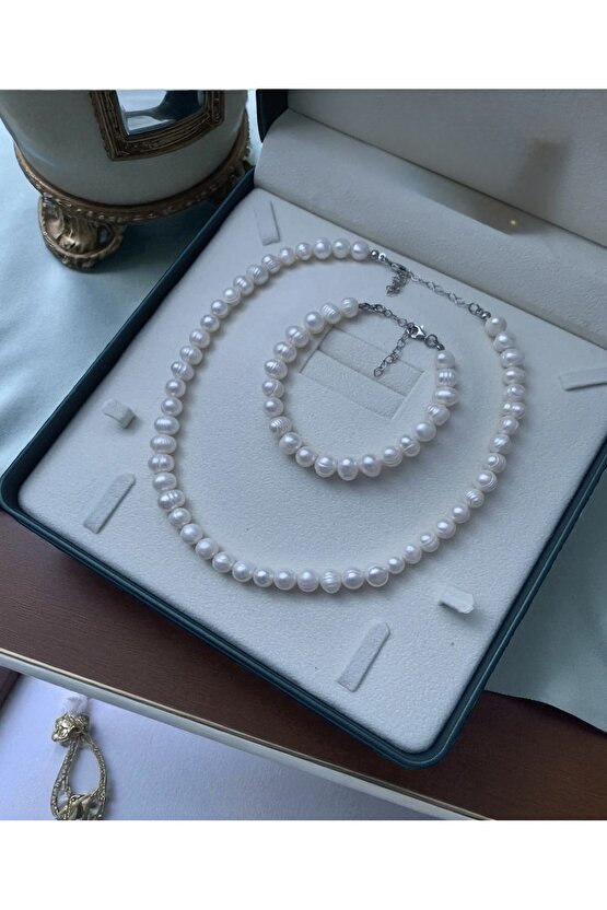 50cm - Sertifikalı 925 Ayar Gümüş Doğal 8mm İnci Kolye Bileklik Set