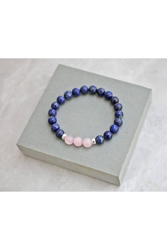 Sertifikalı Lapis - Pembe Kuvars Doğal Taş Bileklik 8 Mm