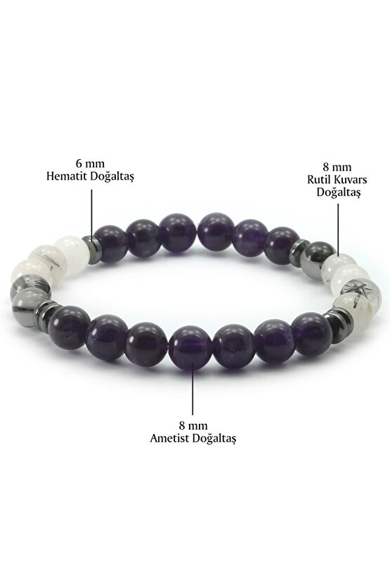 Ametist - Rutilli Kuvars Doğal Taş Bileklik 8 Mm