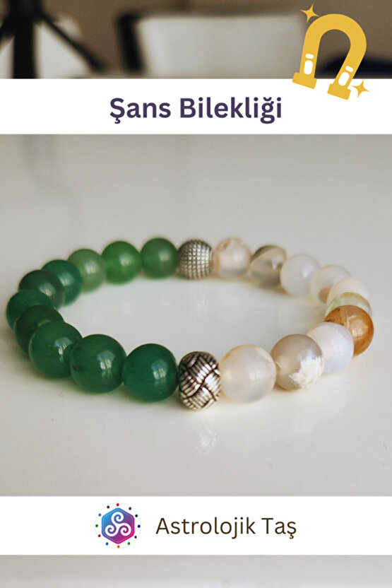 Doğal Taş Şans Bilekliği - Beyaz Akik & Aventurin Taşı