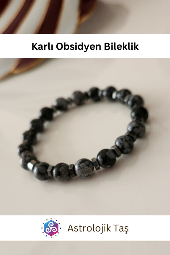 Karlı Obsidyen Doğal Taş Bileklik - Obsidyen Taşı & Hematit