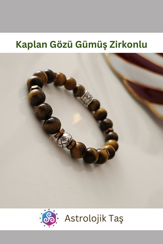 Kaplan Gözü Doğal Taş Bileklik (Gümüş Rengi Yuvarlak Charmlı)