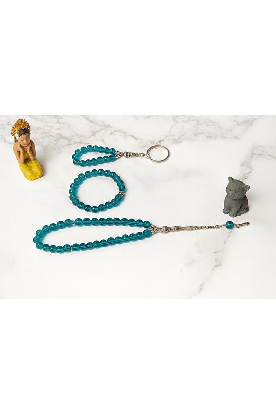 Oniks Taşı Cam Bileklik-33Lü Tesbih-Anahtarlık Seti| 3Lü Set| Hediye Aksesuar Kombin|Petrol Yeşili