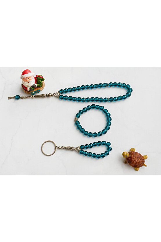 Oniks Taşı Cam Bileklik-33Lü Tesbih-Anahtarlık Seti| 3Lü Set| Hediye Aksesuar Kombin|Petrol Yeşili