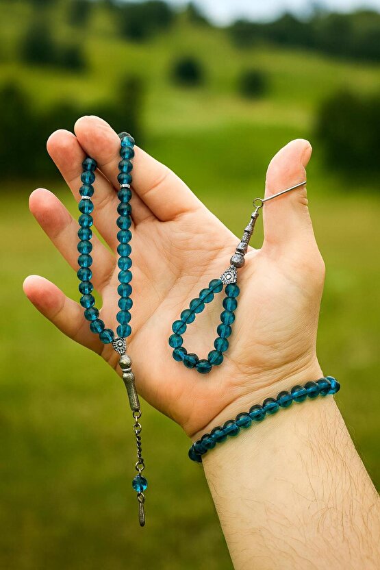 Oniks Taşı Cam Bileklik-33Lü Tesbih-Anahtarlık Seti| 3Lü Set| Hediye Aksesuar Kombin|Petrol Yeşili