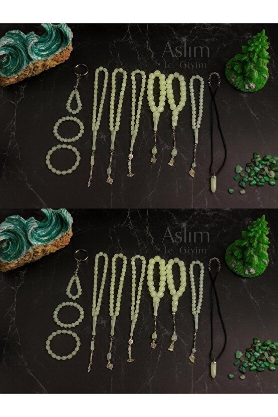 Fosforlu Kedigözü 20Li Set-Tesbih Kolye Bileklik Anahtarlık Seti-Karanlıkta Parlar-Hediye Aksesuar