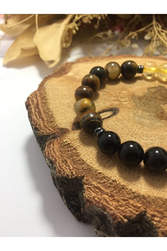 Aslan Burcu Kaplangözü Sitrin Oniks Doğal Taşlı Bileklik 3lü