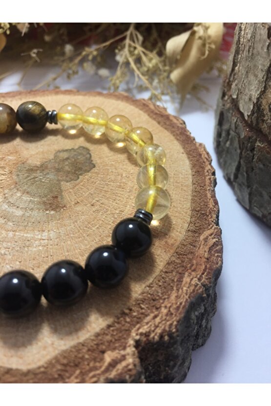 Aslan Burcu Kaplangözü Sitrin Oniks Doğal Taşlı Bileklik 3lü