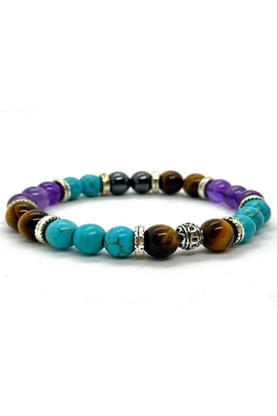 Gerçek Doğal Taş - Nazar Bilekliği - Turkuaz - Kaplan Gözü - Ametist - Hematit