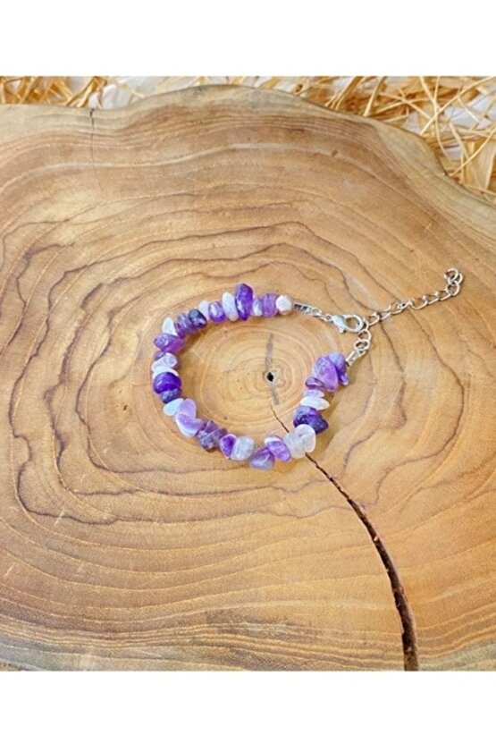Gerçek Doğaltaş El Yapımı Ametist Taşı Kırıktaş Ayarlanabilir Bileklik