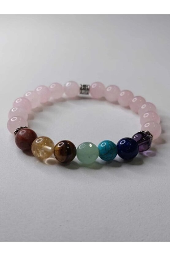 Gerçek Doğal Taş 7 Çakra Bilekliği Pembe Kuvars Taşlı