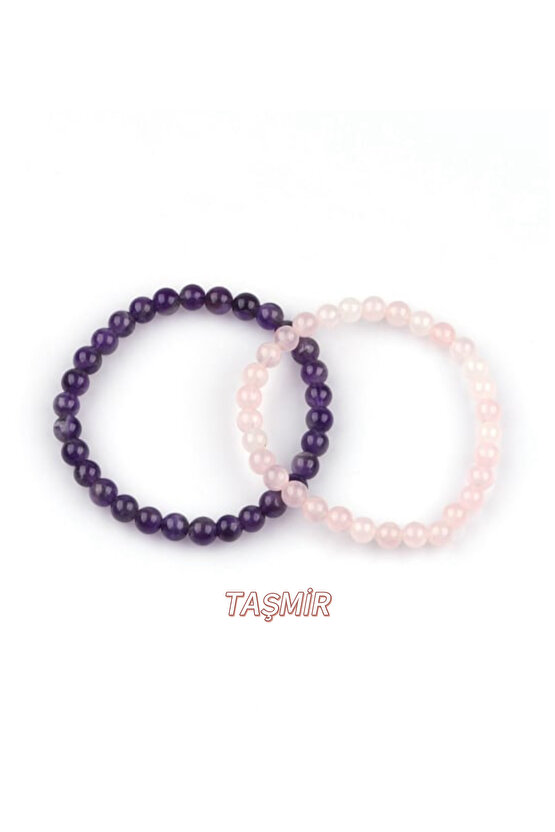 Ametist - Pembe Kuvars Doğal Taş Bileklik 6 mm 2’li Set