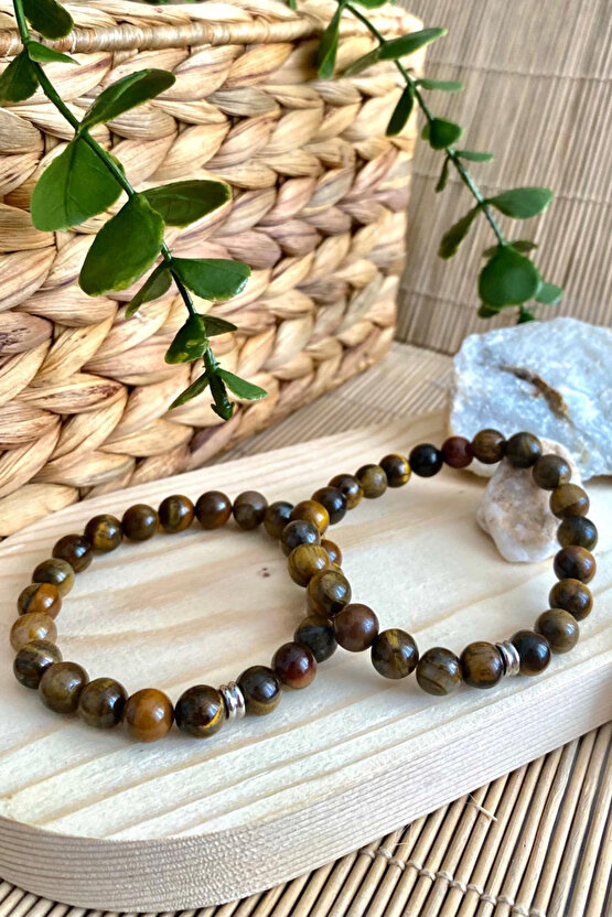 Kaplan Gözü Doğal Taş Unisex Bileklik 8mm - Gümüş Halka