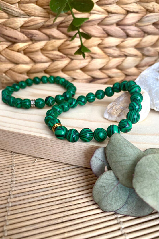 Malakit Doğal Taş Unisex Bileklik 8mm - Altın Halka