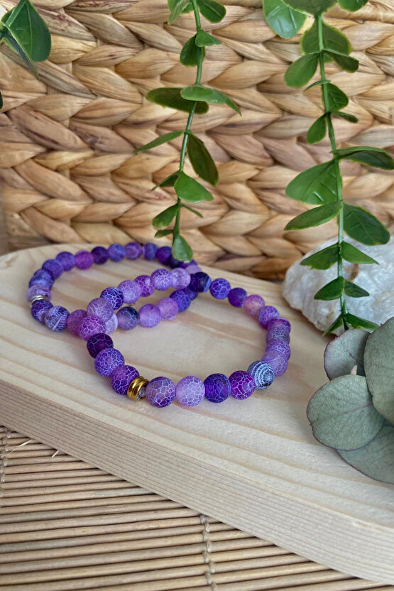 Mor Buzlu Akik Doğal Taş Unisex Bileklik 8mm - Altın Halka