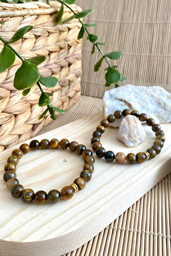 Kaplan Gözü Doğal Taş Unisex Bileklik 8mm - Altın Halka