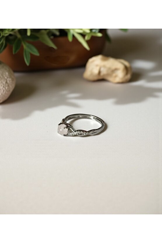 Pembe Kuvars Taşı Doğal Taş Ayarlamalı Yüzük