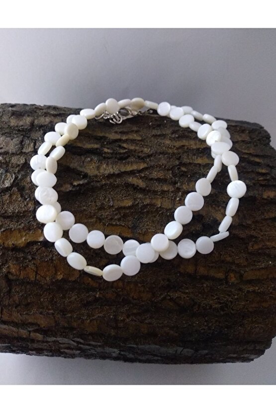 Beyaz Sedef Taşı Kolye  Doğaltaş Kolye 6 mm