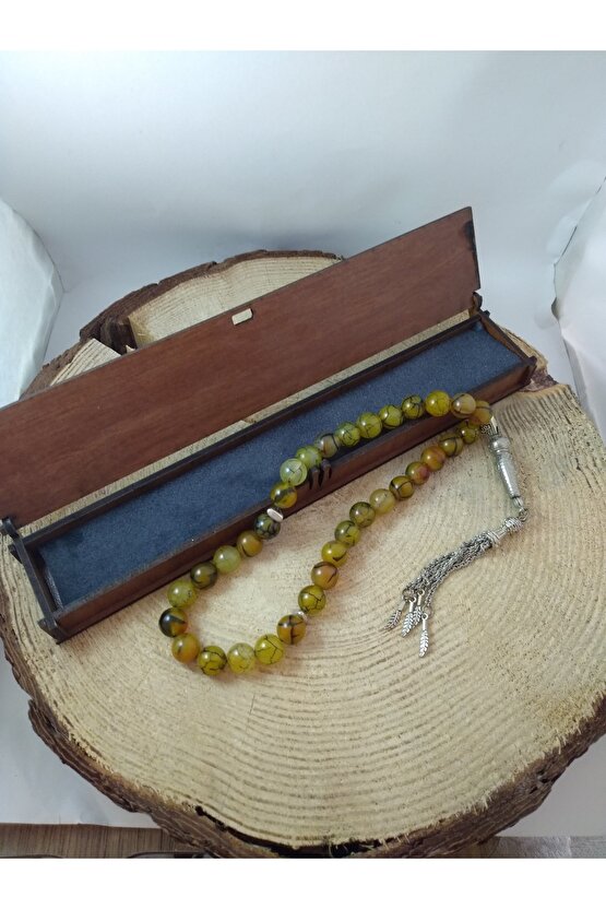 Yeşil Damarlı Akik Taşı Tespih Ahşap Kutulu  10 Mm Doğaltaş Tespih