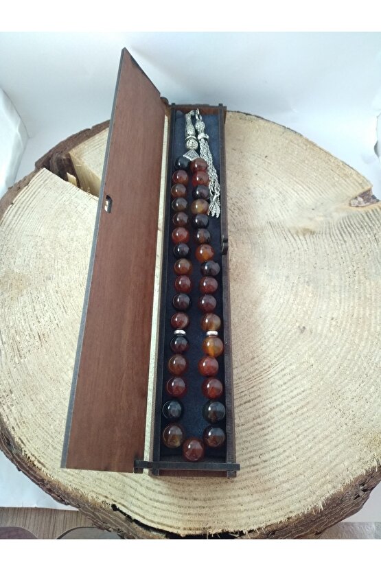 Kızıl Kahve Akik Taşı Tespih Ahşap Kutulu  10 Mm Doğaltaş Tespih