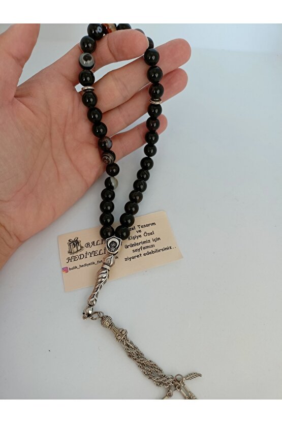 SİYAH AKİK TAŞI TESPİH Ahşap Kutulu  10 mm DOĞALTAŞ TESPİH-1021