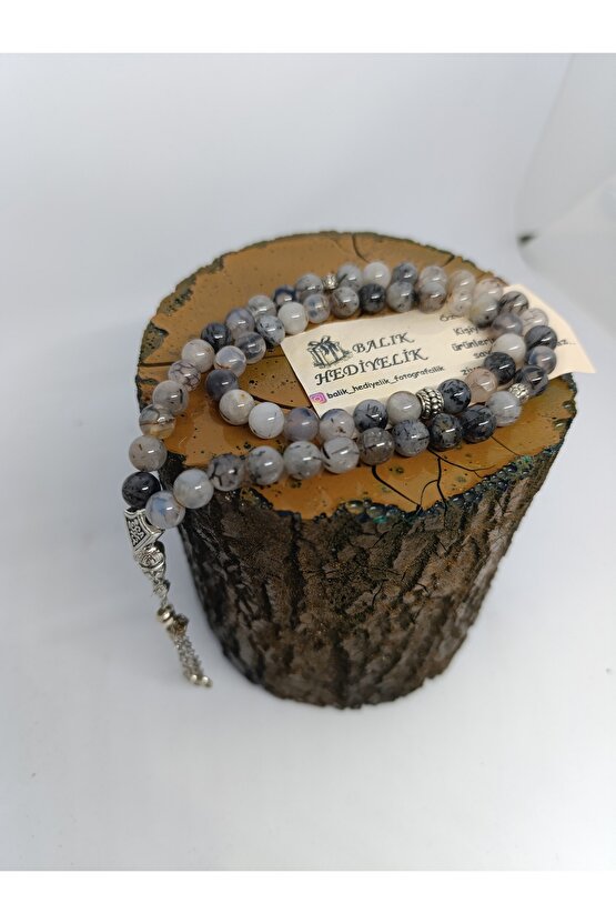 DOĞALTAŞ TESPİH-BİLEKLİK TAKIM AHŞAP KUTULU  GRİ DAMARLI AKİK TAŞI TESPİH VE BİLEKLİK TAKIM 1001