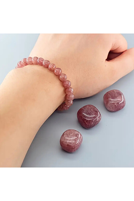 Şifalı - Çilek Kuvars Doğal Taş Bileklik 6 mm – Sevgi ve Pozitif Enerji Taşı - Elastik ipli