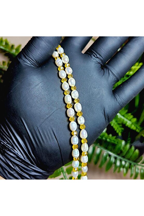 İnci Doğal Taş Halhal - Sarı - 1 Adet ( El Yapımı Tasarım Ürünler )